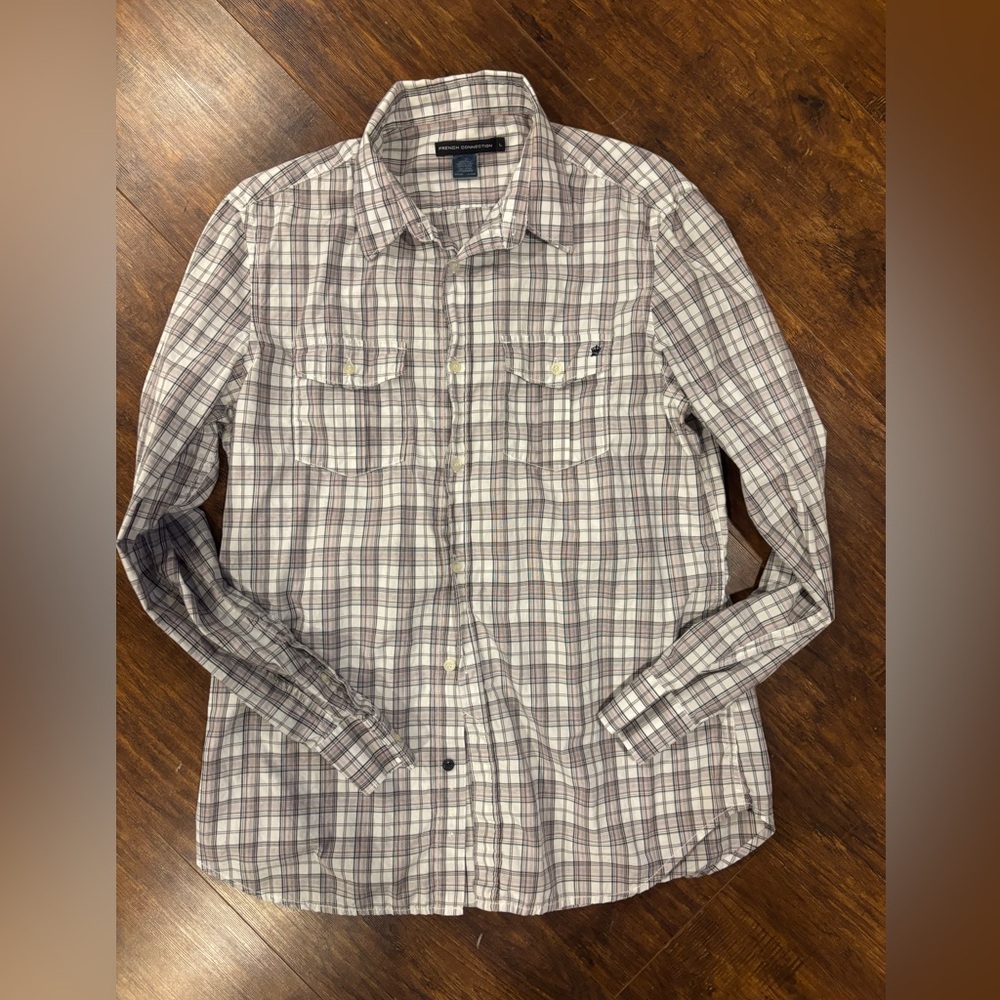 French Connection Gray and White Casual Button Down Shirt